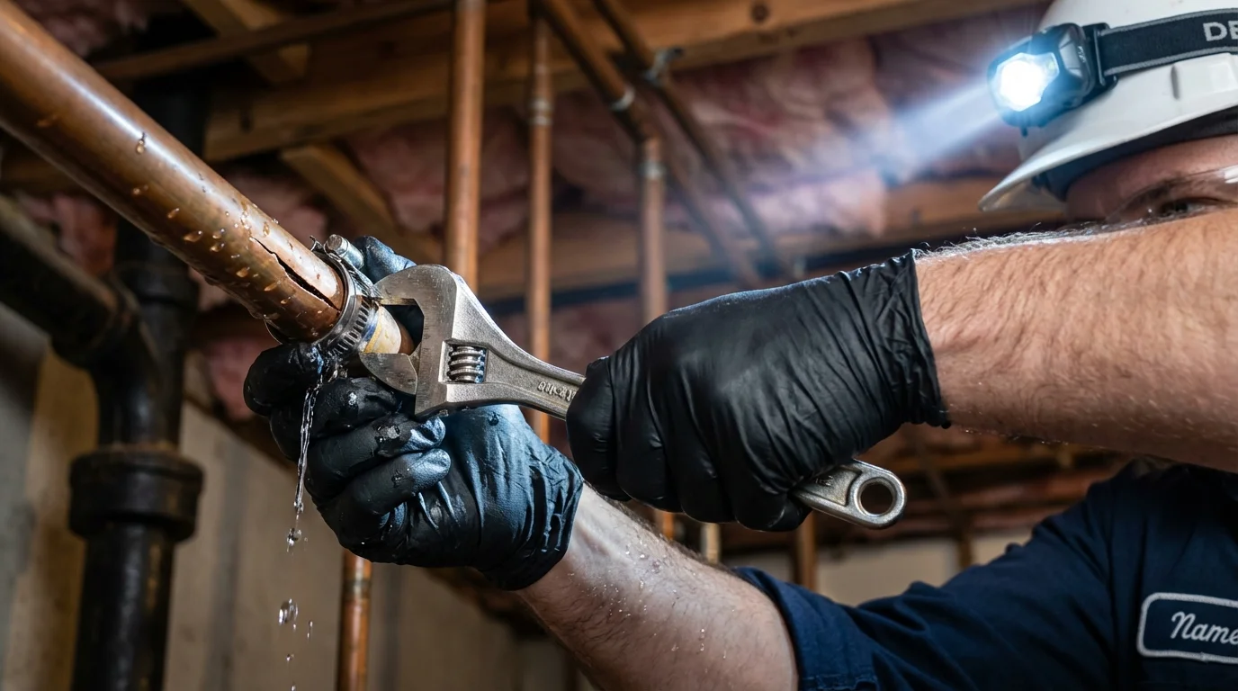 Emergency pipe clamp repair being performed by a Johns Plumbing LLC plumber in Collins